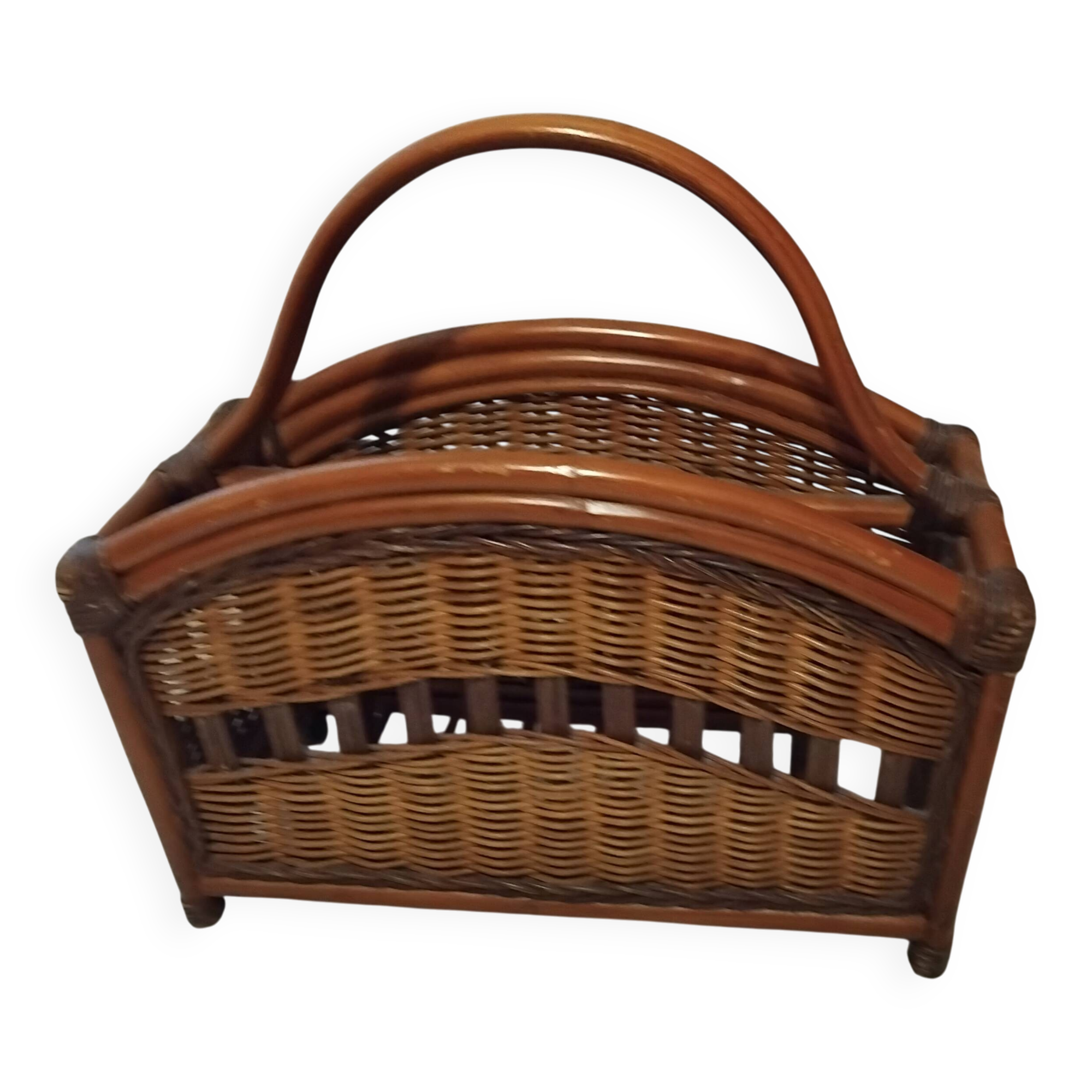 Porte-revue vintage en bambou, bois et rotin