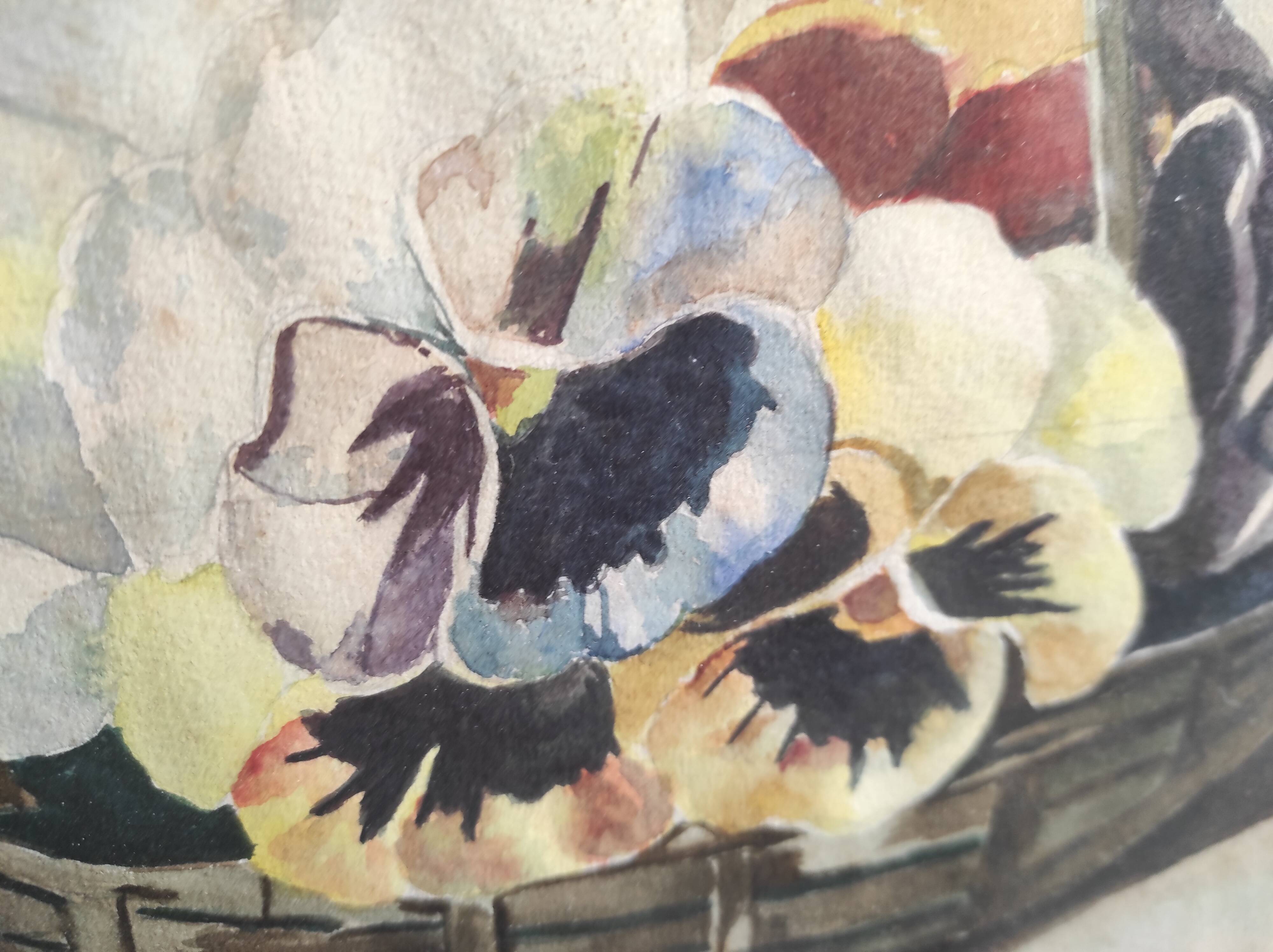 Vintage French watercolour with a basket  full of pansies