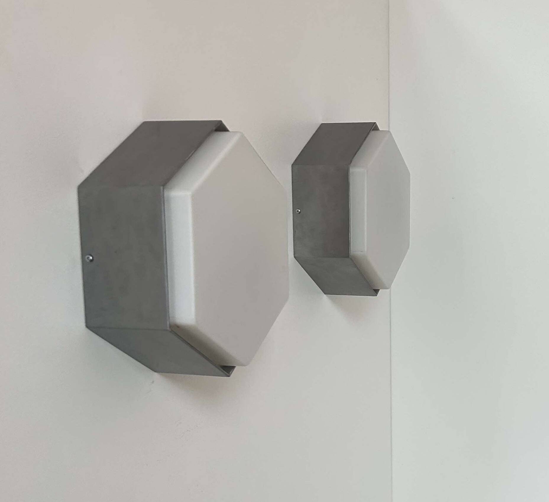 Pair of vintage opaline and metal wall lights, Raak Holland 1970