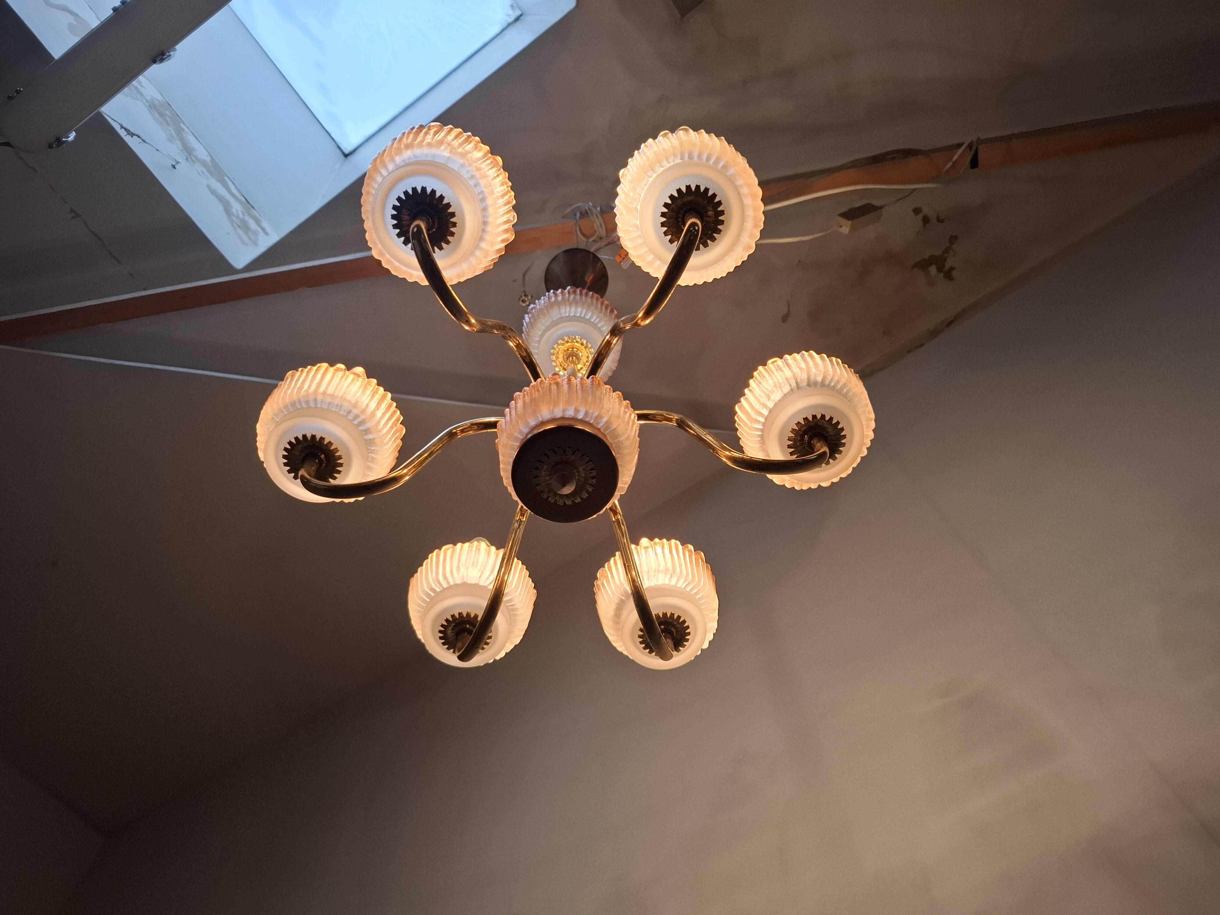 1960s Czech Mid-Century Brass and Železný Brod Frosted Glass Six-Arm Chandelier