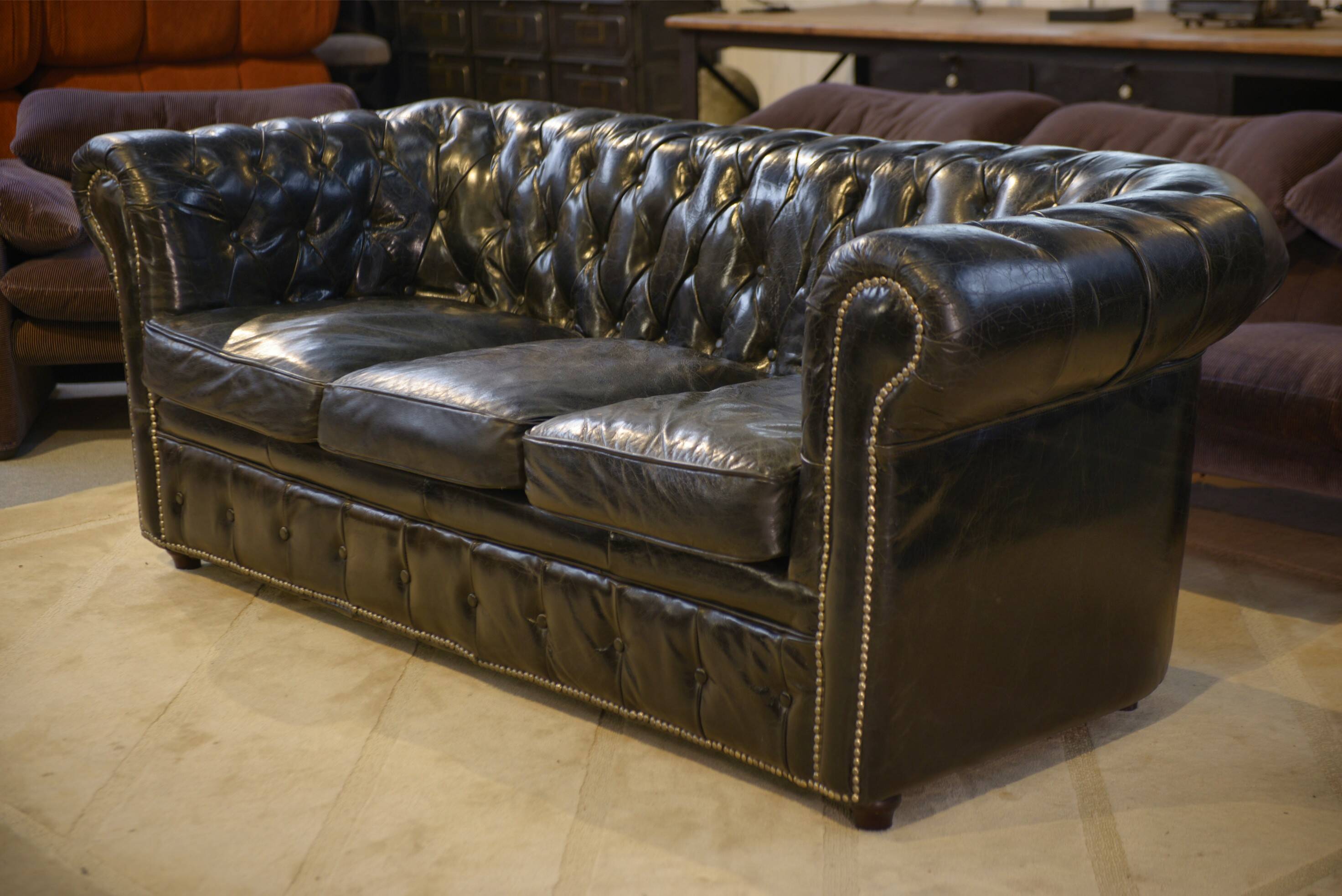 Chesterfield 3-seater sofa in black leather