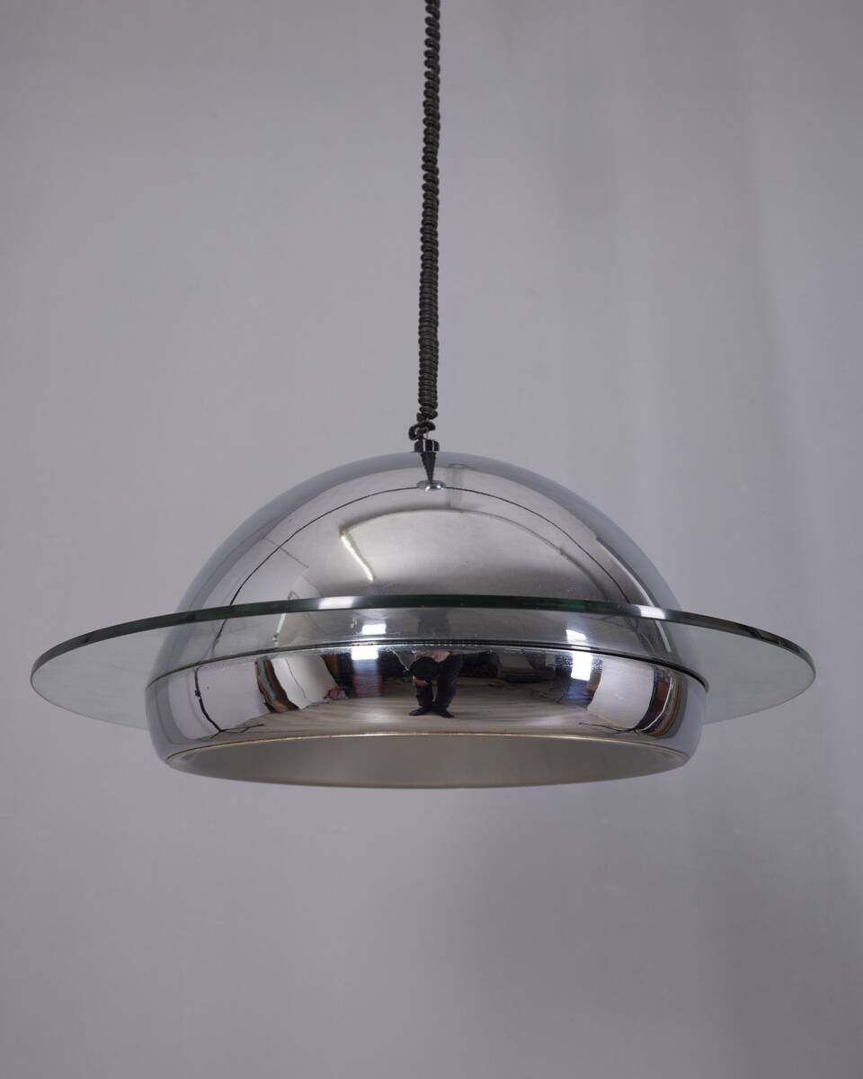 VINTAGE 1970S CHANDELIER IN CHROME-PLATED METAL AND GLASS, ITALIAN DESIGN