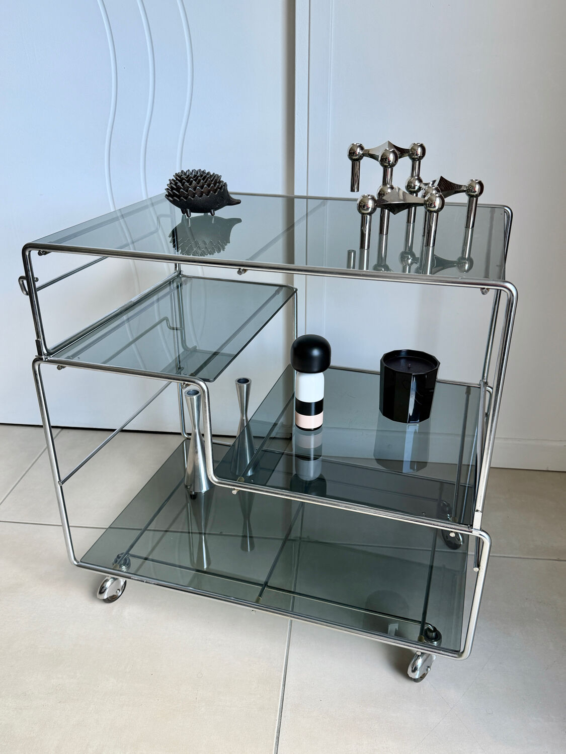 Coffee table / chrome and smoked glass by Max Sauze