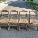 4 chaises bois massif blond chêne et paille