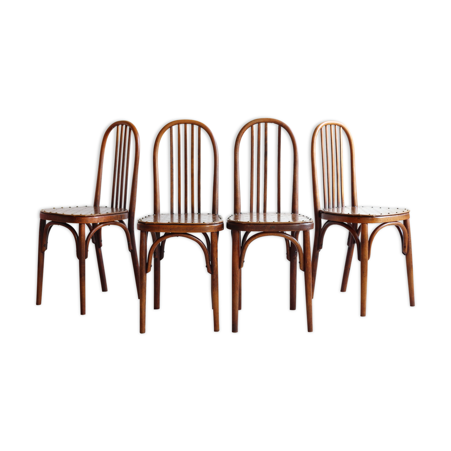 Set of 4 Luterma bistro chairs in curved wood and imitation leather, early 20th century