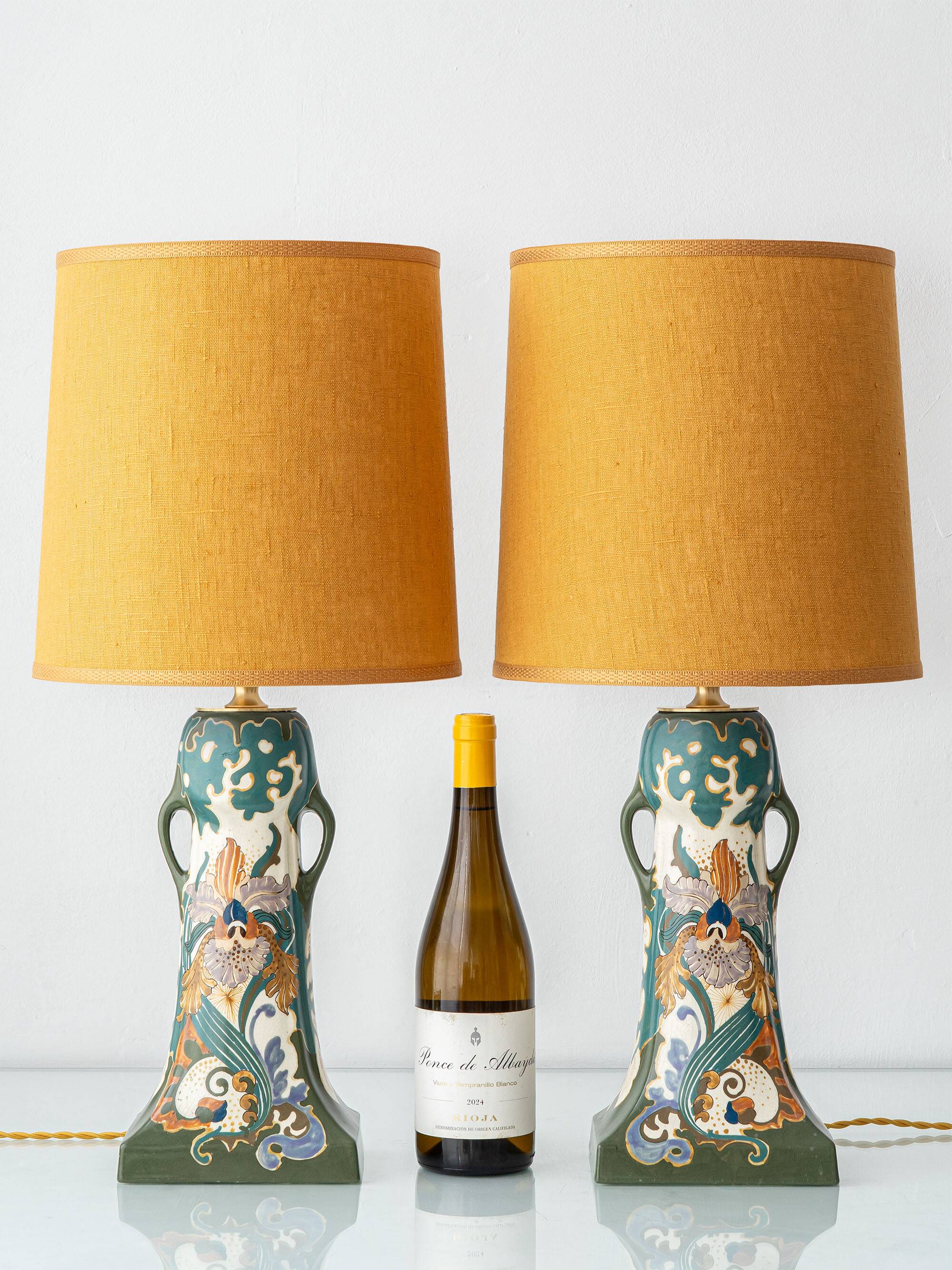 Pair of Dutch Art Nouveau Ceramic Table Lamps, circa 1915, with New Ochre Linen Shades