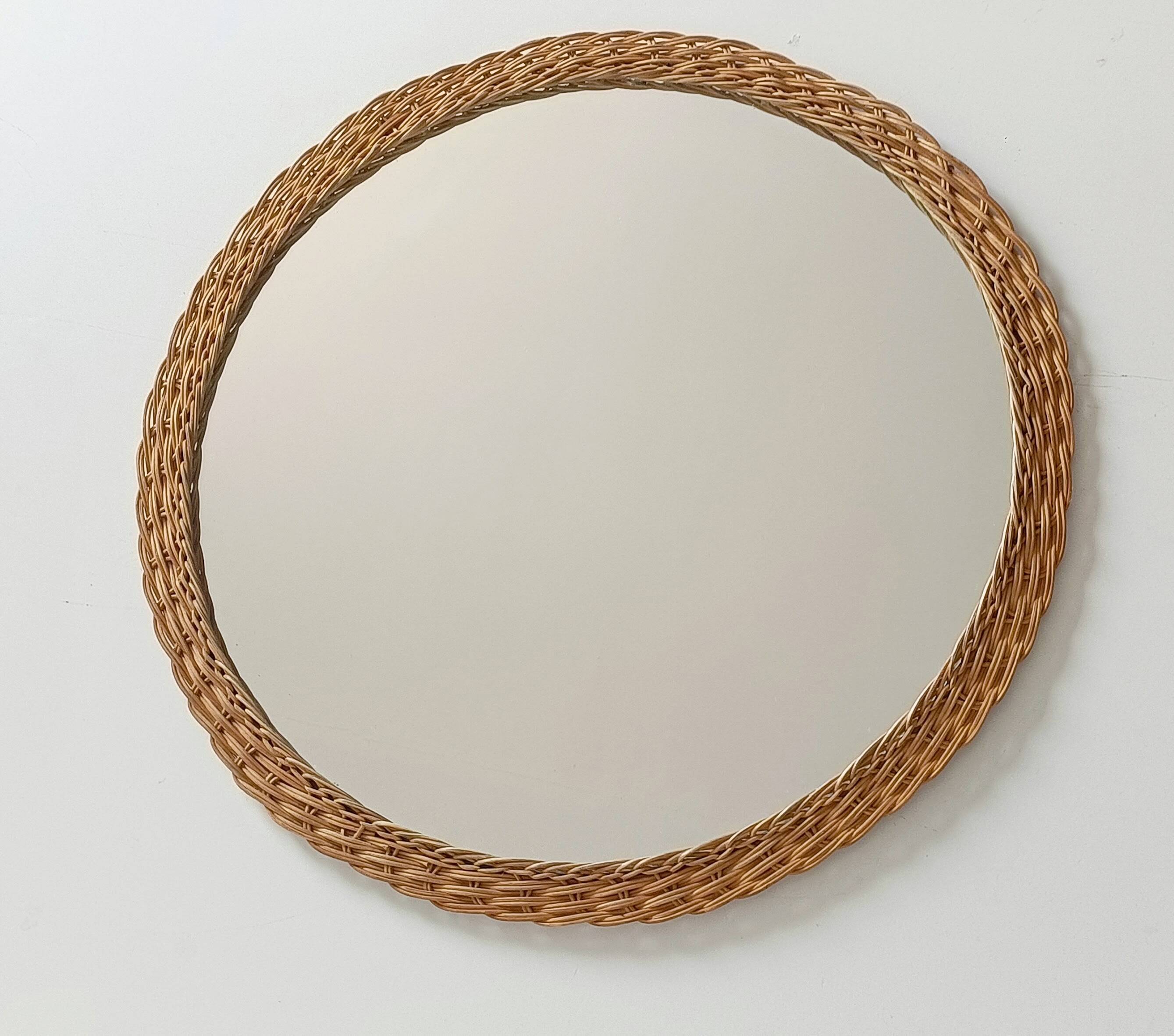 Miroir rond en osier rustique de Provence, milieu du siècle, fait à la main, France
