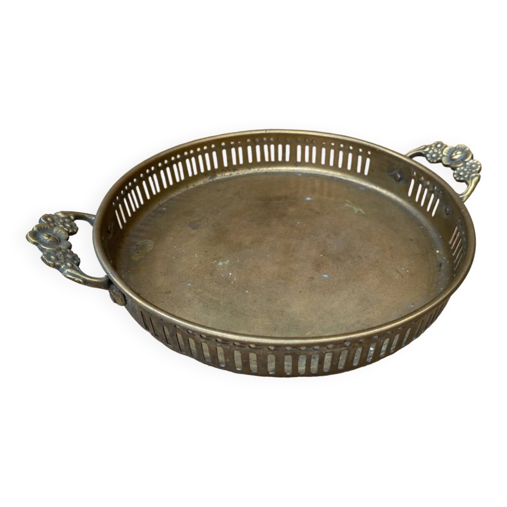 Antique openwork brass serving tray + flower handles vintage kitchen