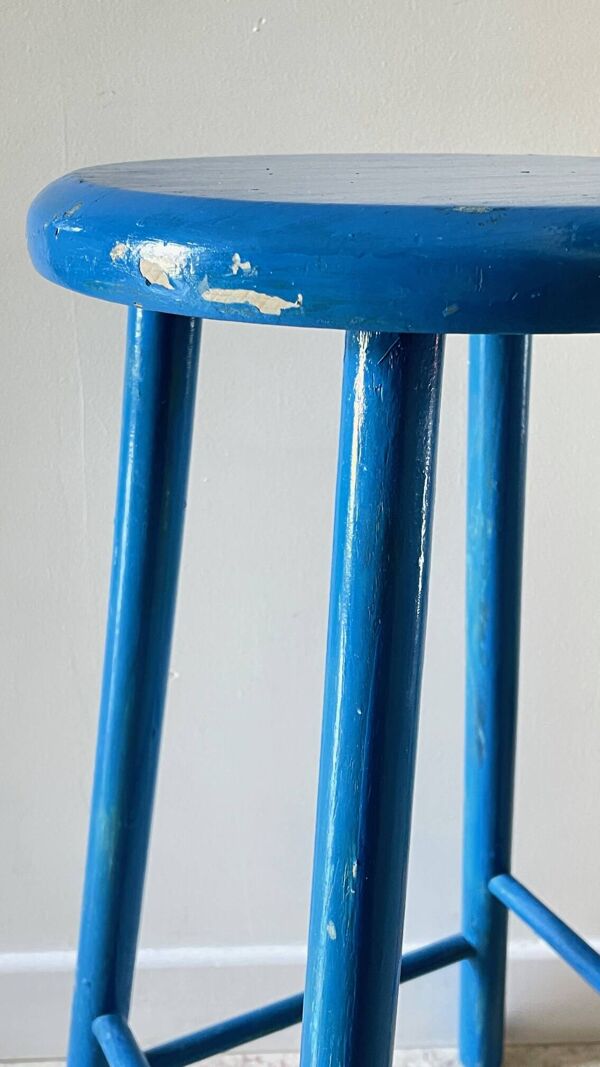 Tabouret vintage bois bleu electrique