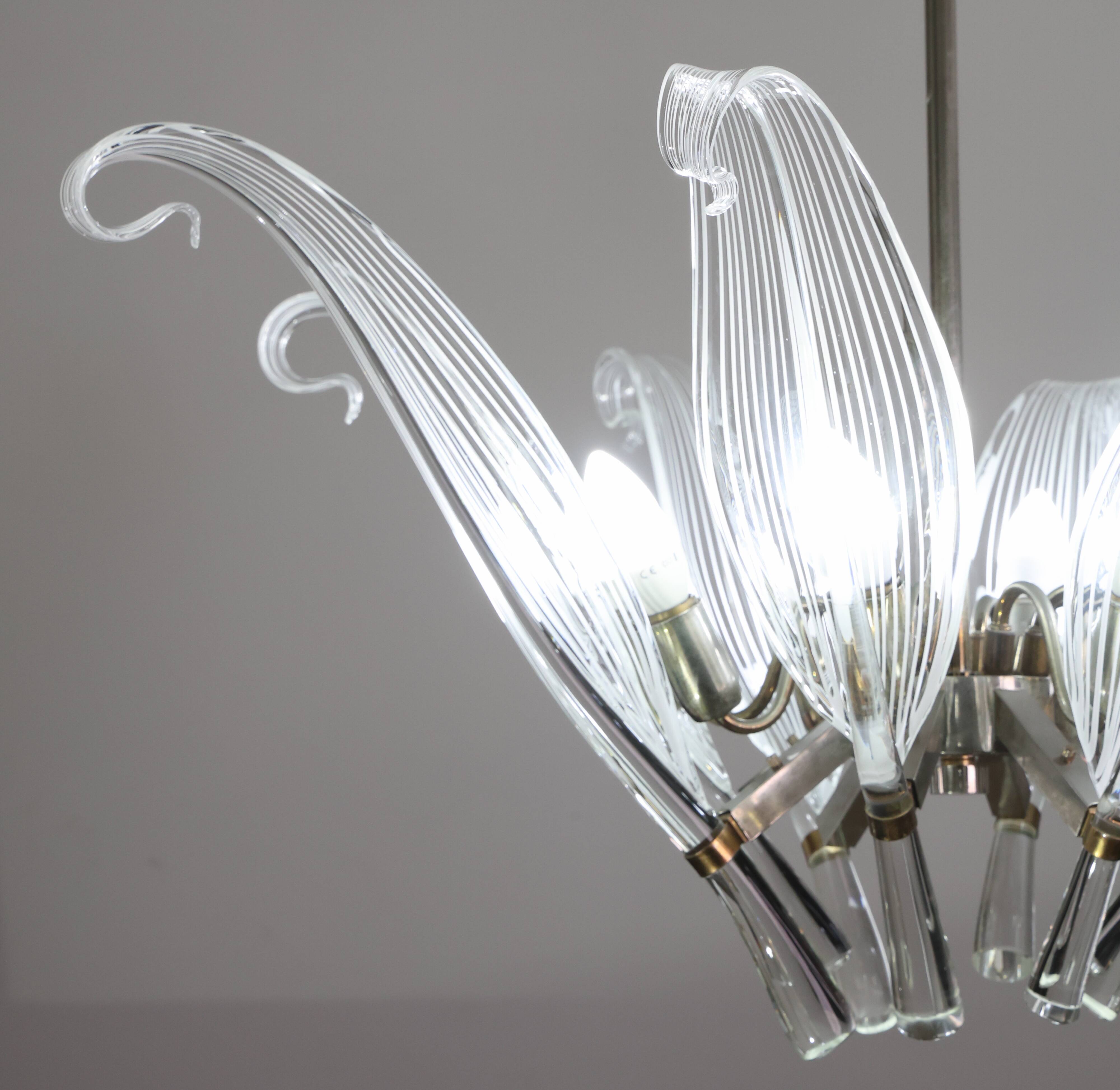 Extraordinary Large Transparent Murano Glass Leaves Chandelier by Franco Lu