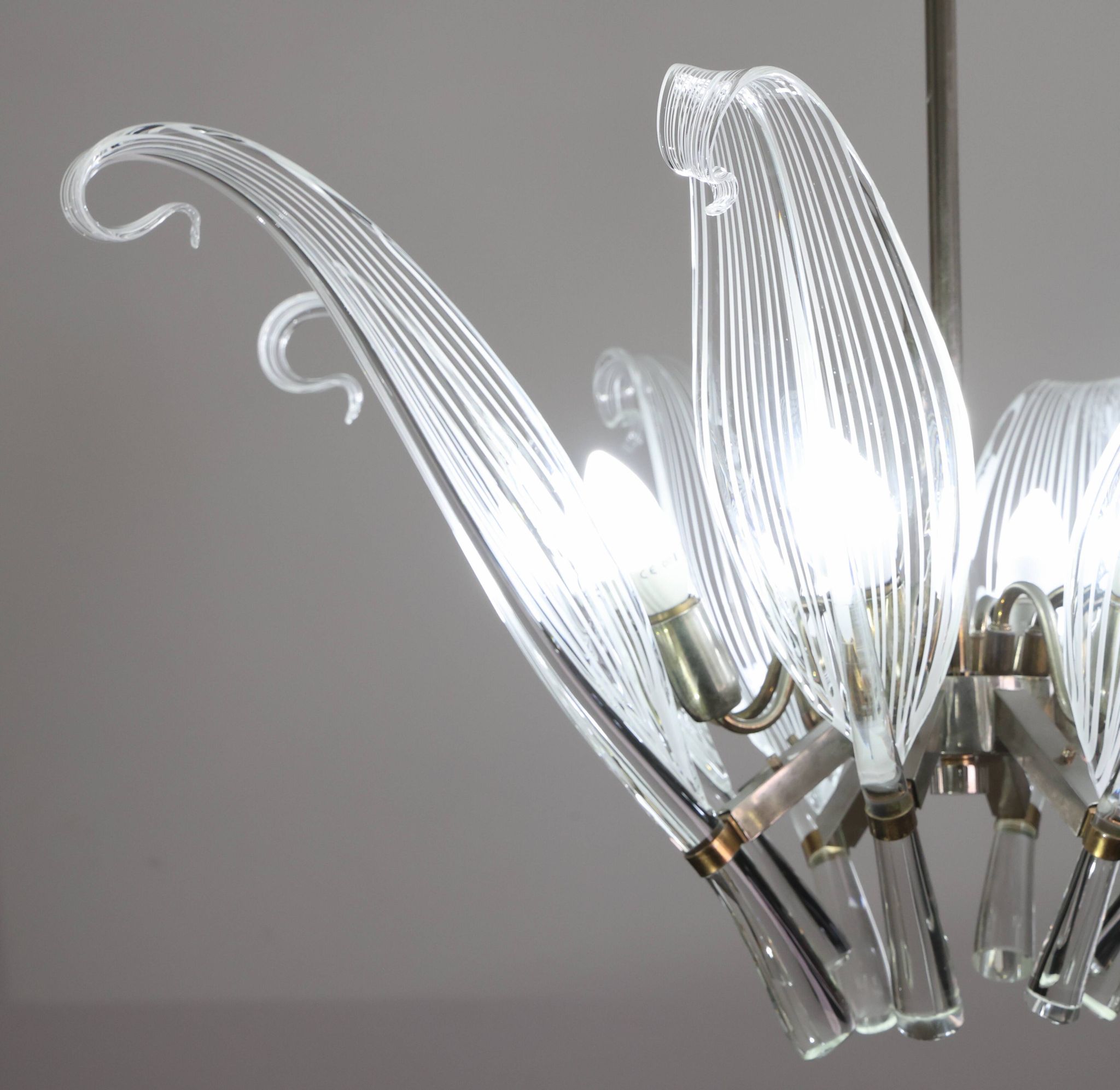 Extraordinary Large Transparent Murano Glass Leaves Chandelier by Franco Lu