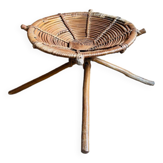 Rattan and wood stool