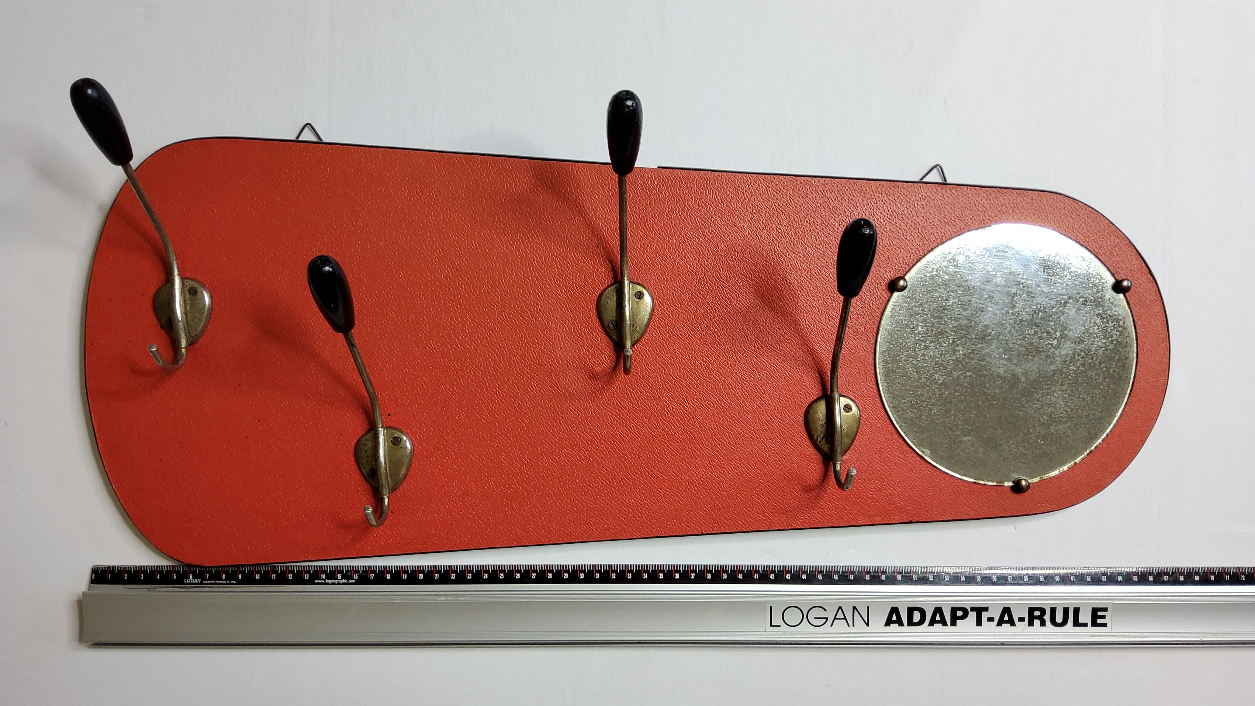 Vintage wall coat rack with round mirror, 4 hooks, 68 cm