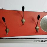 Vintage wall coat rack with round mirror, 4 hooks, 68 cm