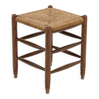 Tabouret en chêne français et jonc années 1950