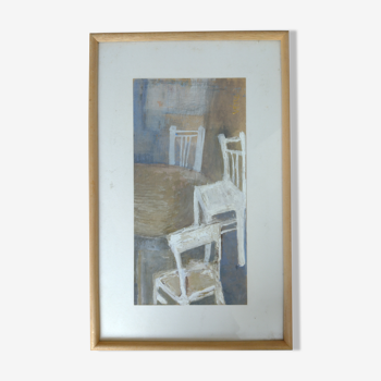 Œuvre originale aquarellée thème table et chaises encadré baguettes bois quart de rond bois naturel