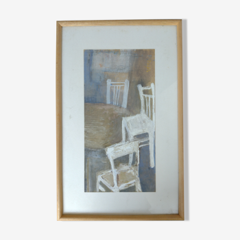 Original work watercolor theme table and chairs framed baguettes wood quarter round natural wood