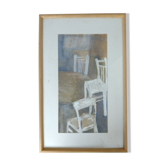 Œuvre originale aquarellée thème table et chaises encadré baguettes bois quart de rond bois naturel