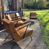 4 camel faux leather armchairs, 1950s