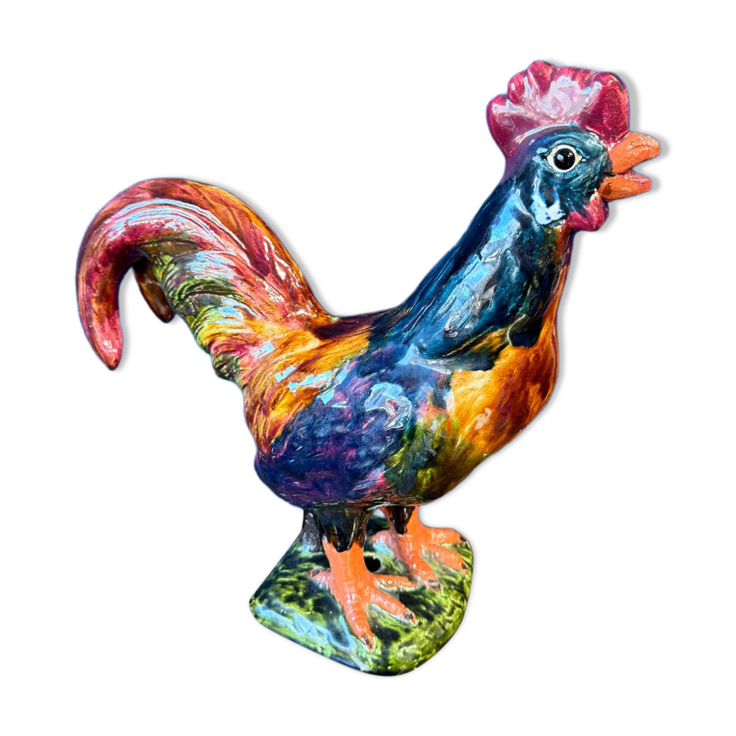 Ceramic sculpture of a rooster from Bavent, glazed terracotta, 1960.