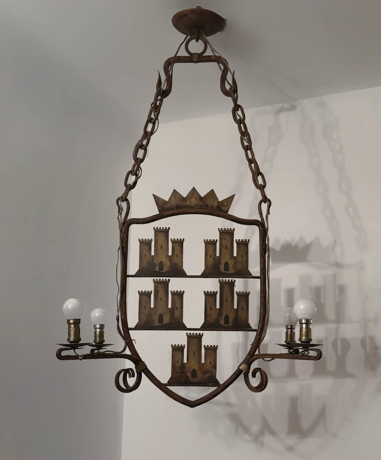 Medieval style heraldic wrought iron chandelier