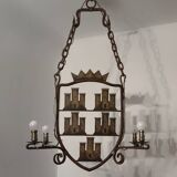 Medieval style heraldic wrought iron chandelier