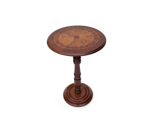 Vintage Table Side Marquetry, Small Round Vintage Table