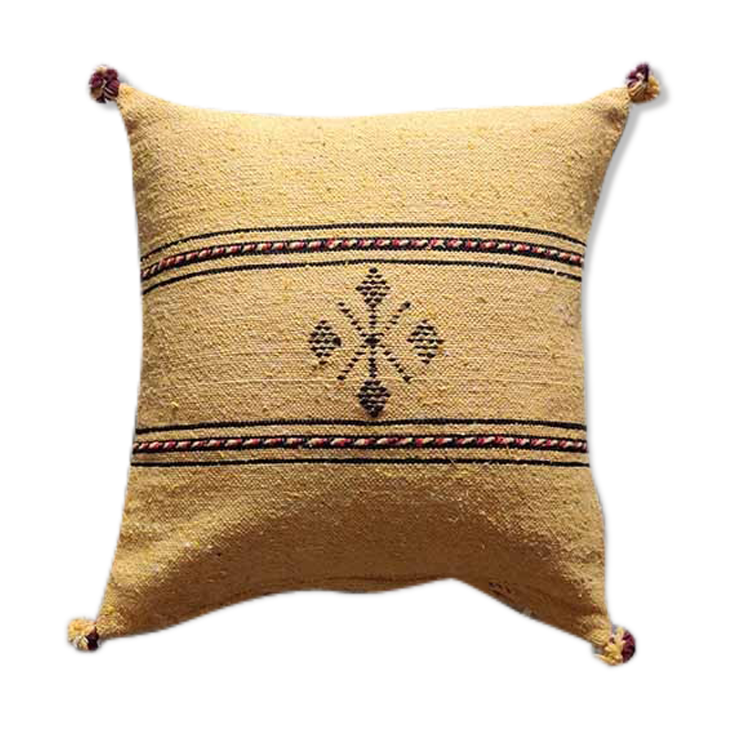 Yellow Berber cushion with cotton pompom