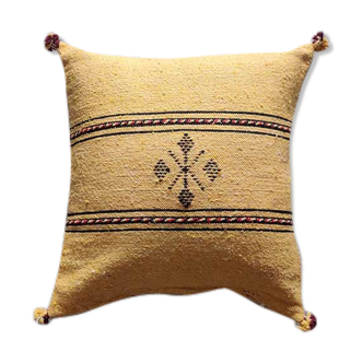 Yellow Berber cushion with cotton pompom