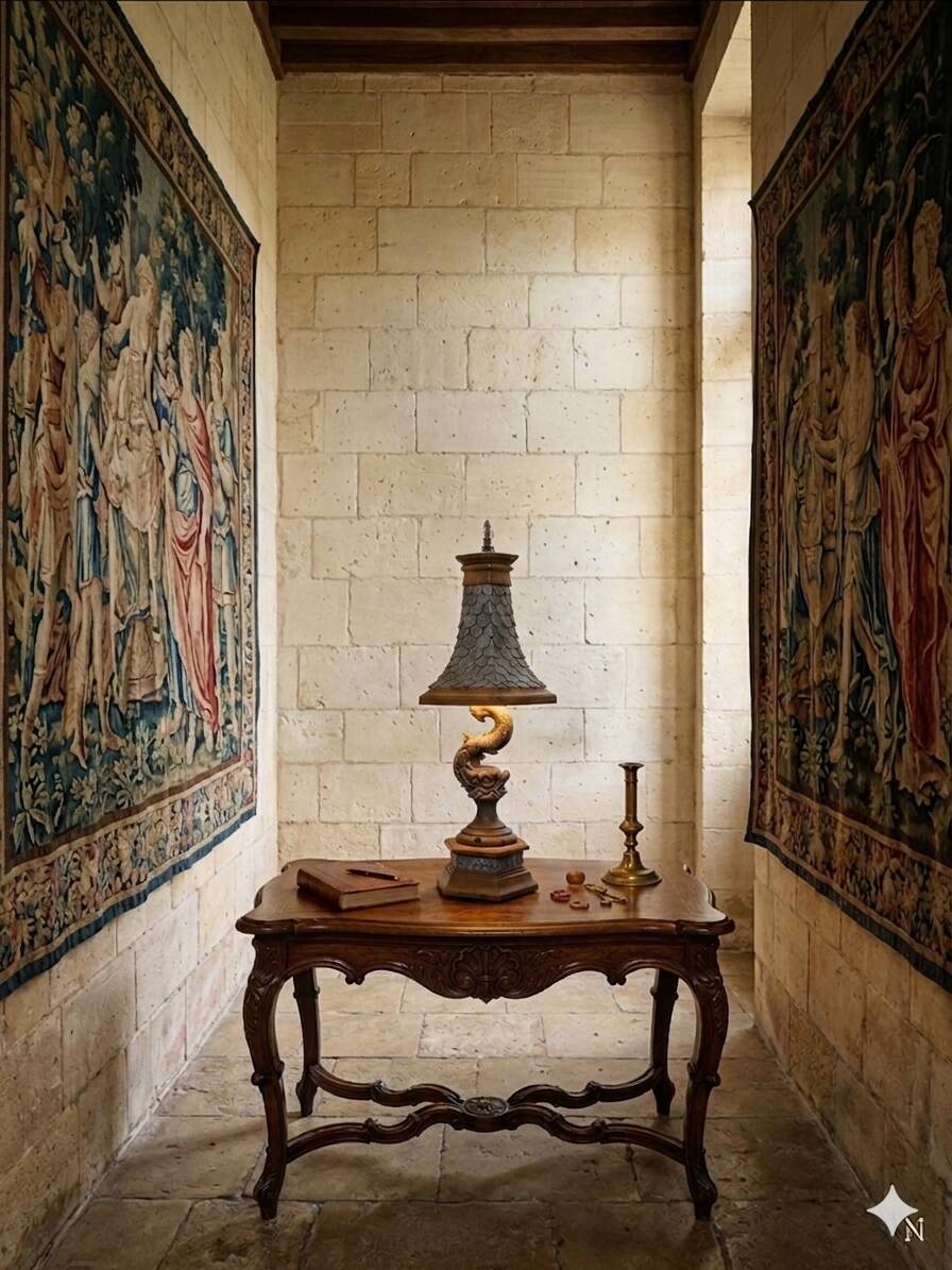 Monumental lamp with a dolphin in cast iron and lead scales - 110cm