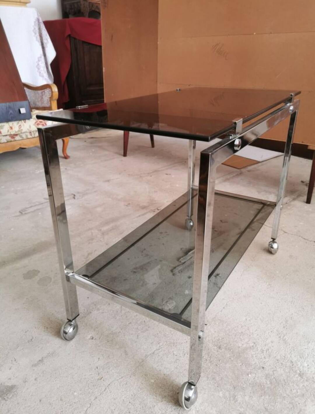 Table d'appoint, desserte, console en verre et métal chromé