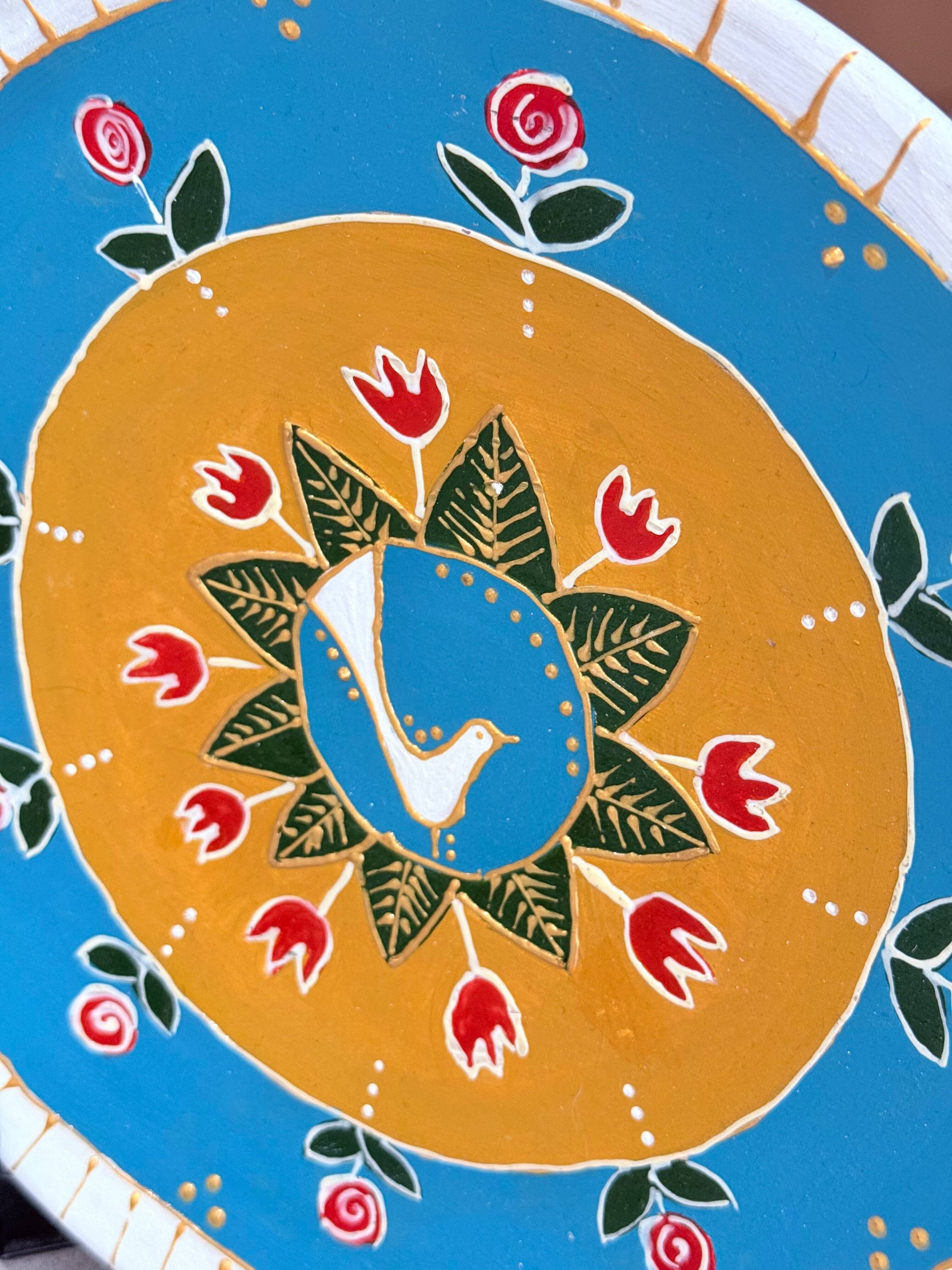 Hand-Painted Wall Decorative Ceramic Plate with Dove & Floral Folk Art Design