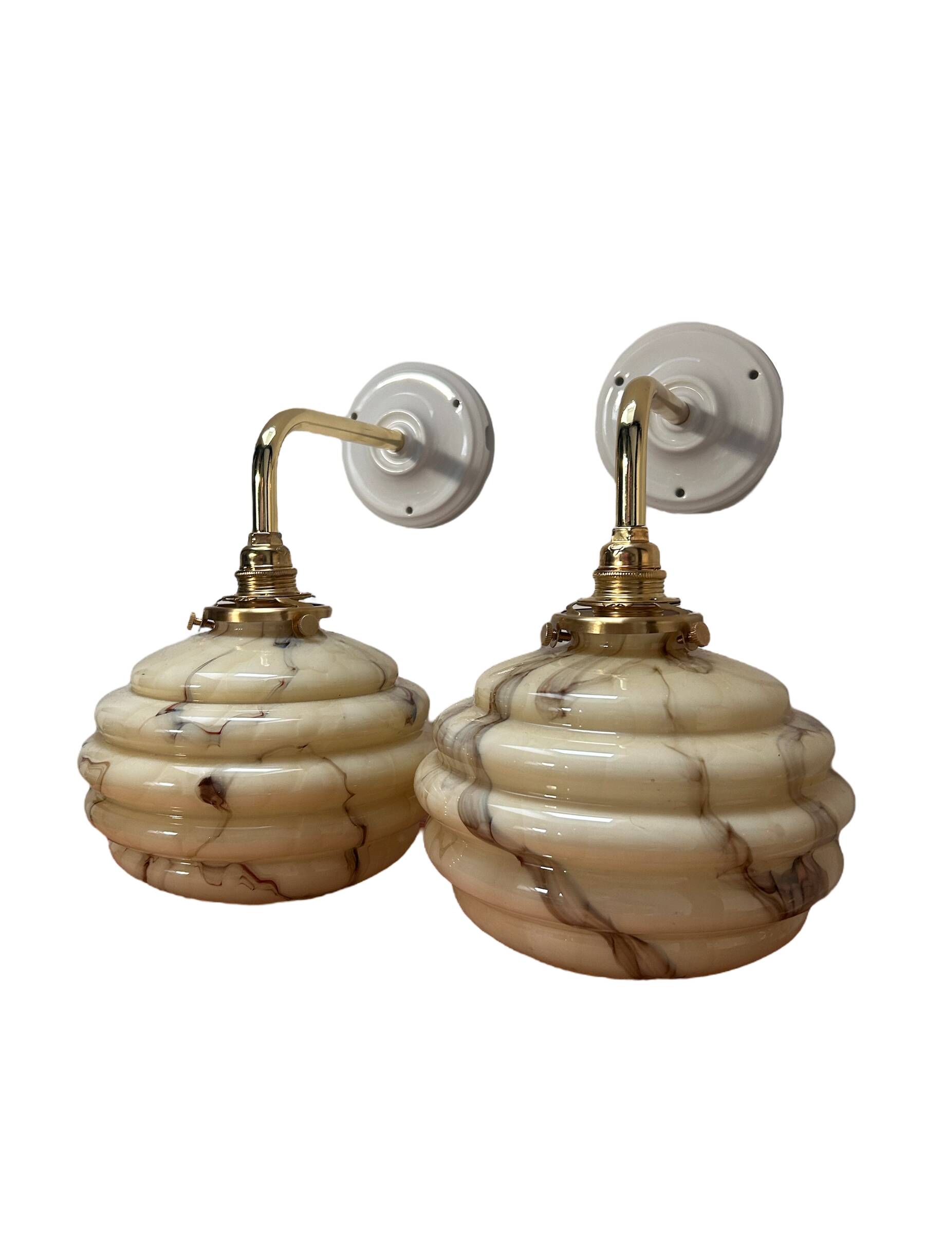 Pair of vintage marbled opaline globe wall lights