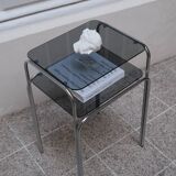 Vintage side table in smoked glass and chromed metal – 70s