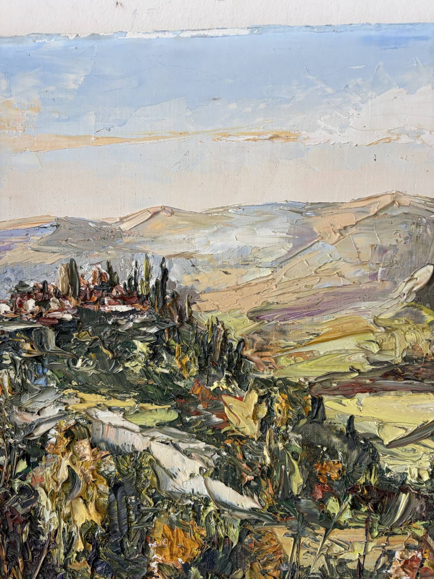 Provençal village landscape, knife oil painting signed René Lechair.