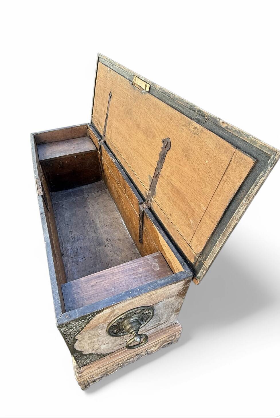 Large antique Asian travel chest made of mango wood.