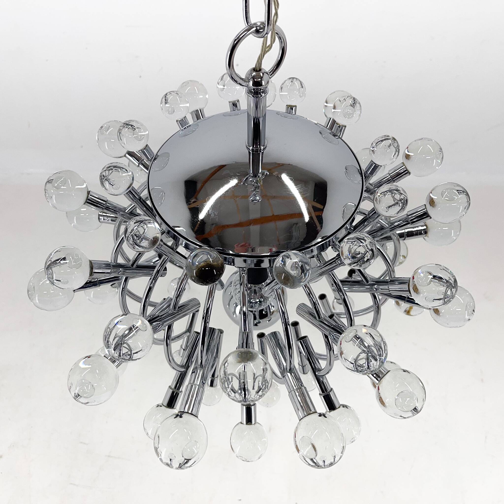 Unique Italian Space Age Chrome & Crystal Glass Chandelier, 1970s