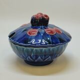 Sarreguemines jam bowl covered sugar in slip majolica cherries
