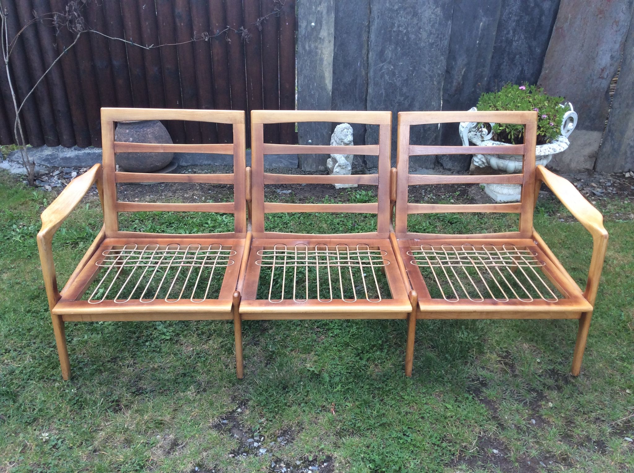 Vintage Scandinavian bench and armchairs of 4 pieces, 1 bench and 3 armchairs.