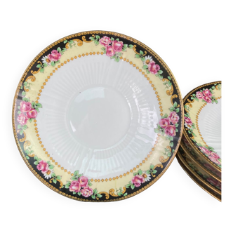 5 Limoges coffee saucers, black and yellow frieze, diamonds and roses, 1917