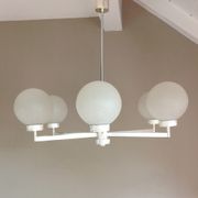 Six-light chrome metal chandelier and opaque glass globes / vintage 60s and 70s