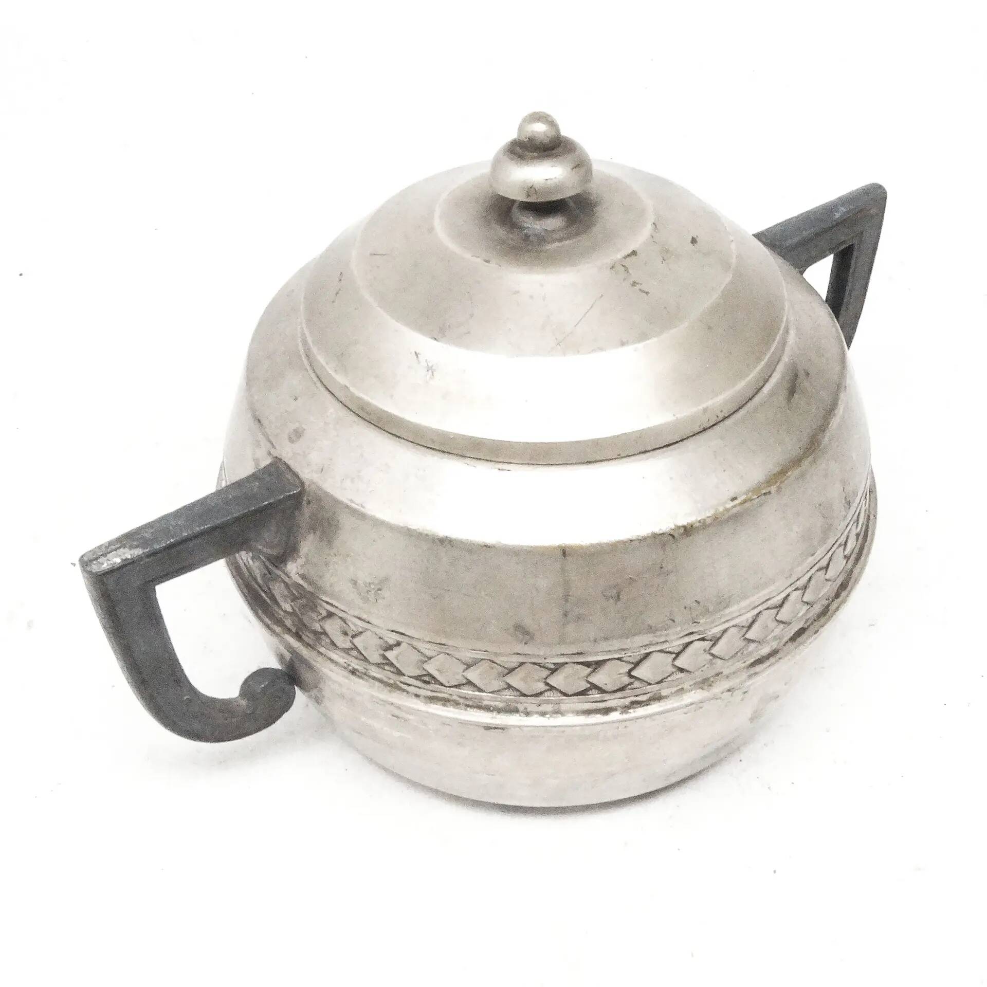 Art Deco sugar bowl, silver-plated brass, tin, Belgium, 1920s