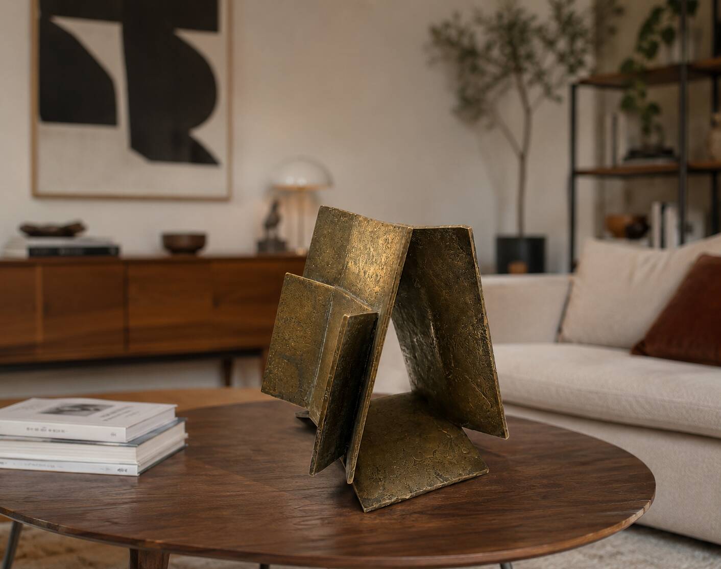 Modernist abstract sculpture in patinated bronze.