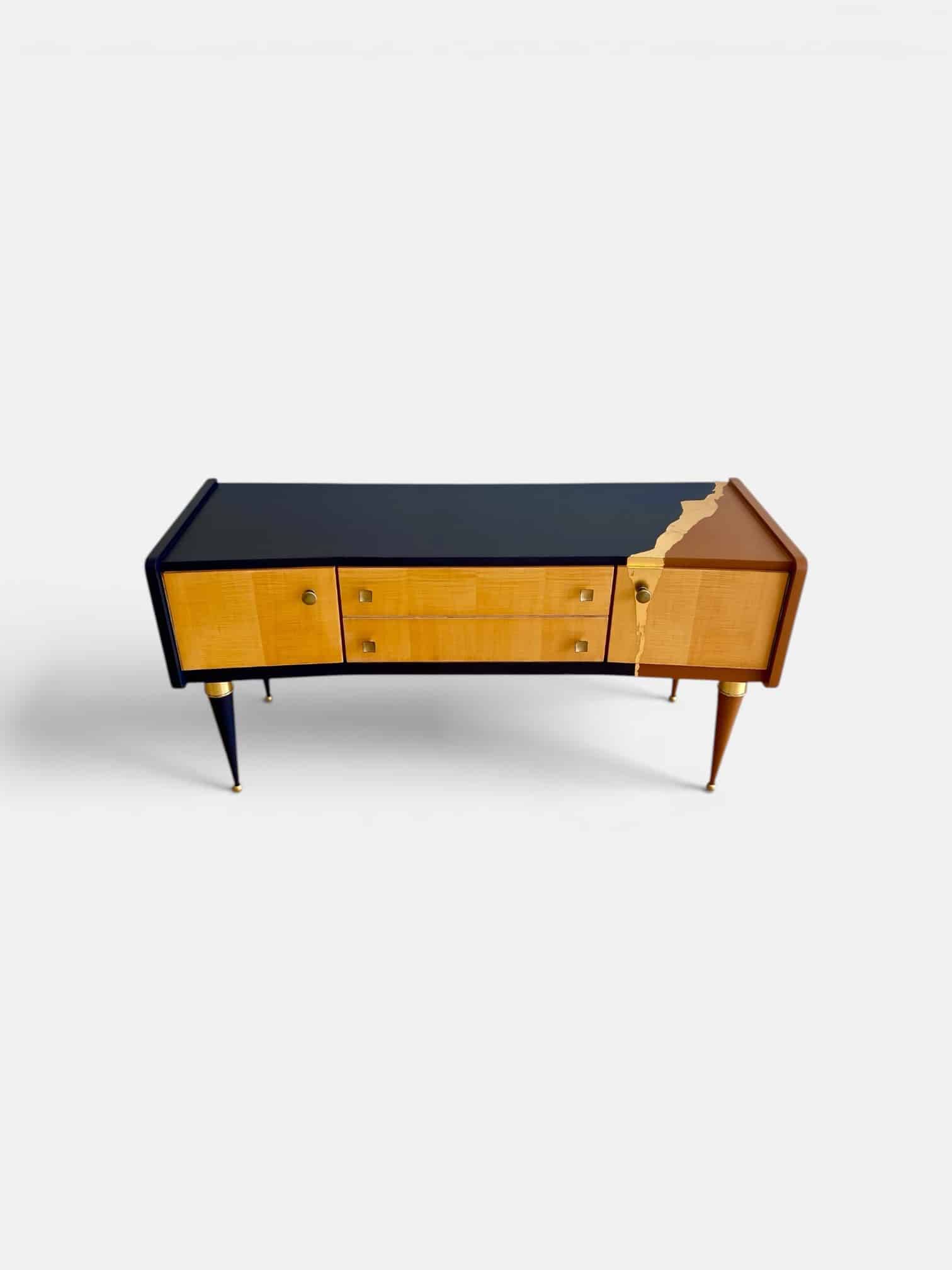 Vintage furniture revamped in navy blue, terracotta, and gold leaf – Reimagined mid-century style.