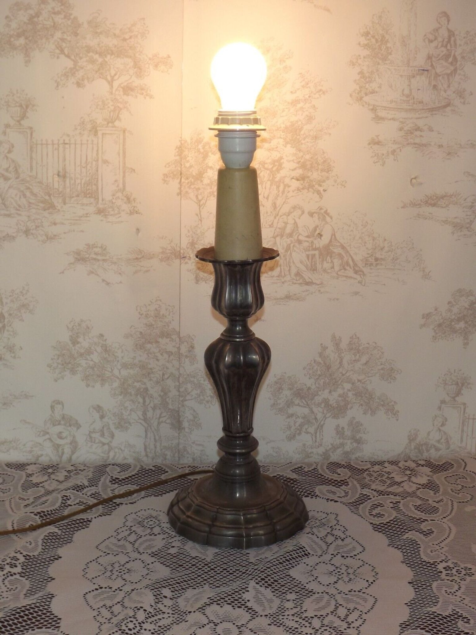 French vintage heavy silver metal table lamp with candle drip detail 4155