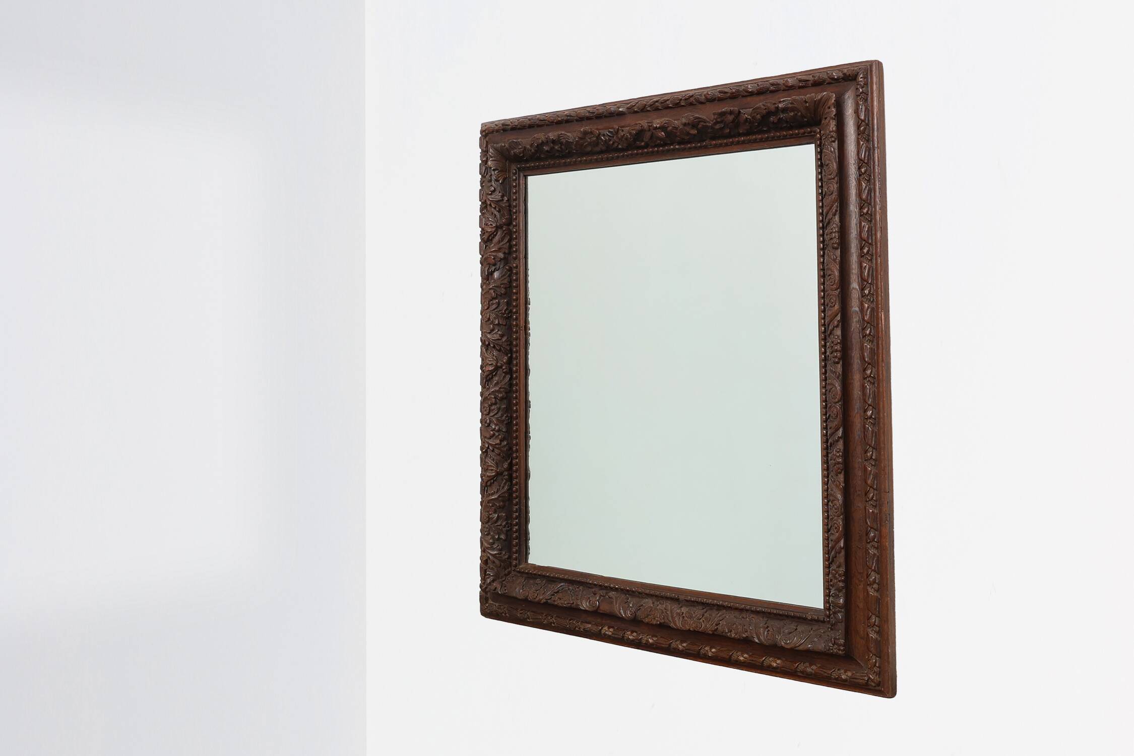 Large Antique French Carved Oak Mirror, Late 19th Century