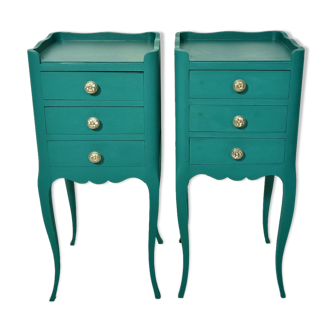 Pair of emerald green bedside tables with curved legs