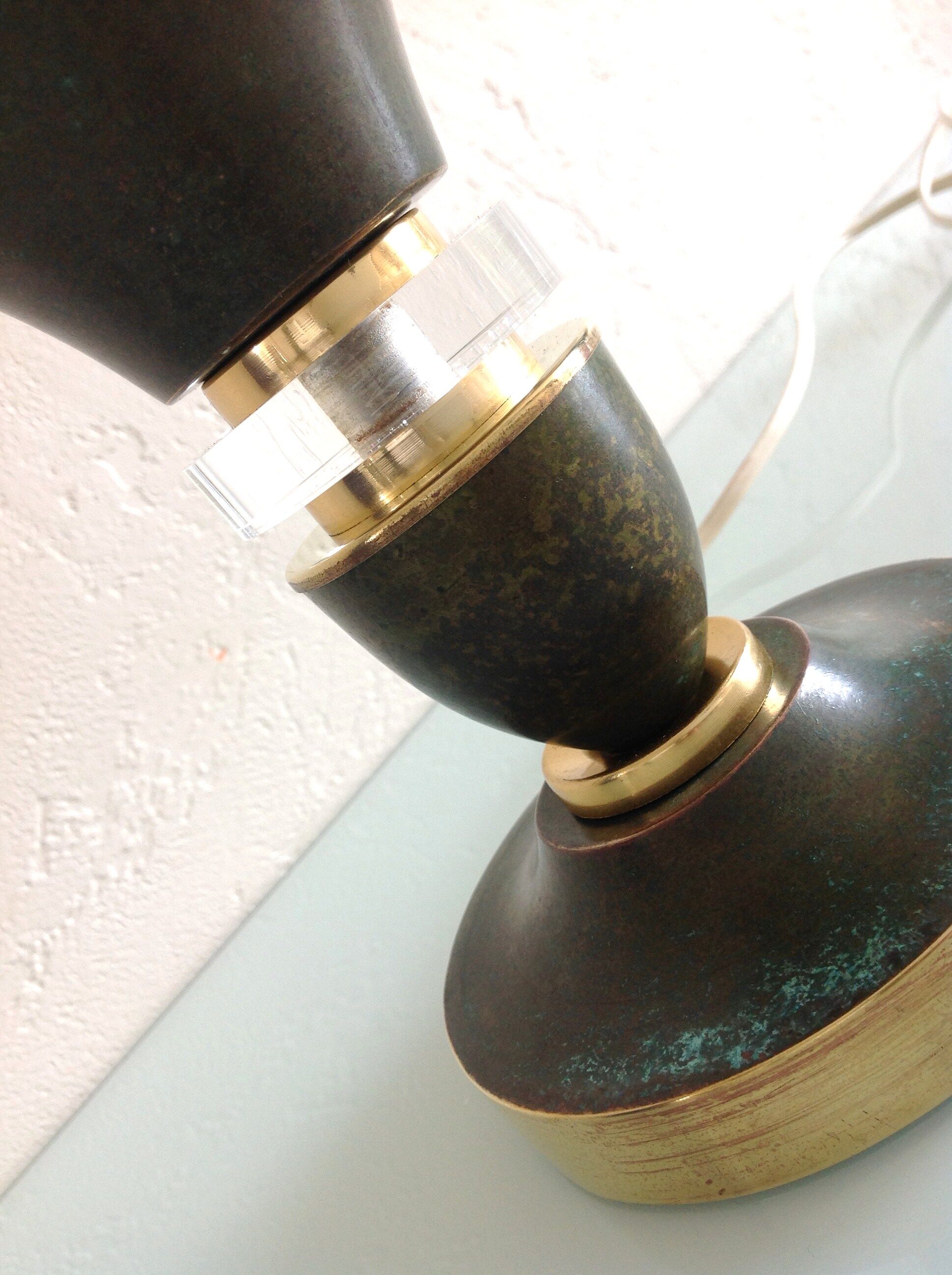 Brass lamp foot and art deco style wood