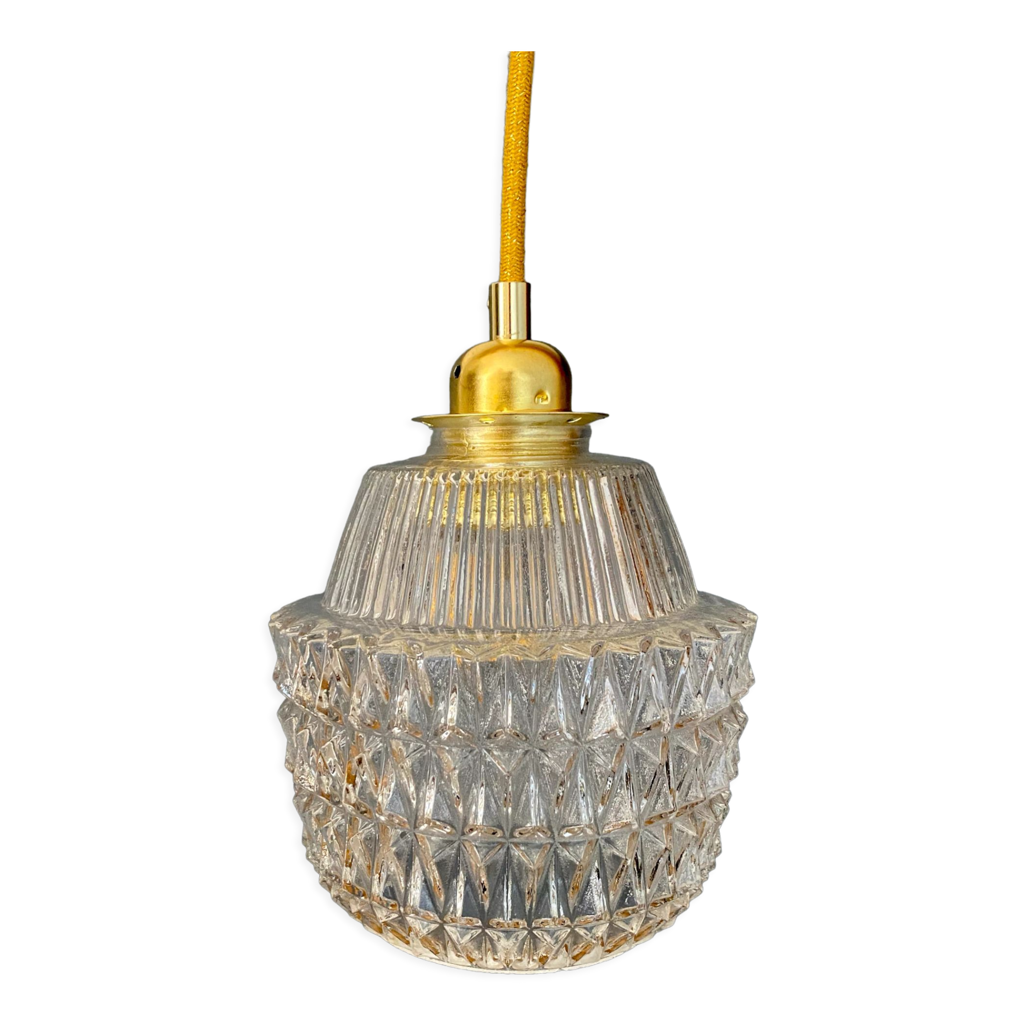 Suspension globe vintage en verre moulé transparent