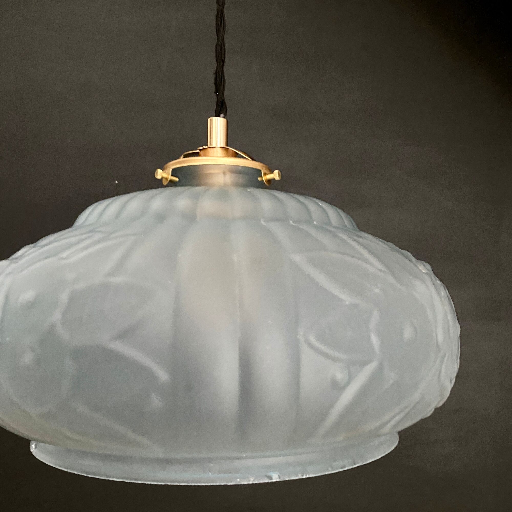 Vintage art deco lampshade pendant lamp in blue frosted glass